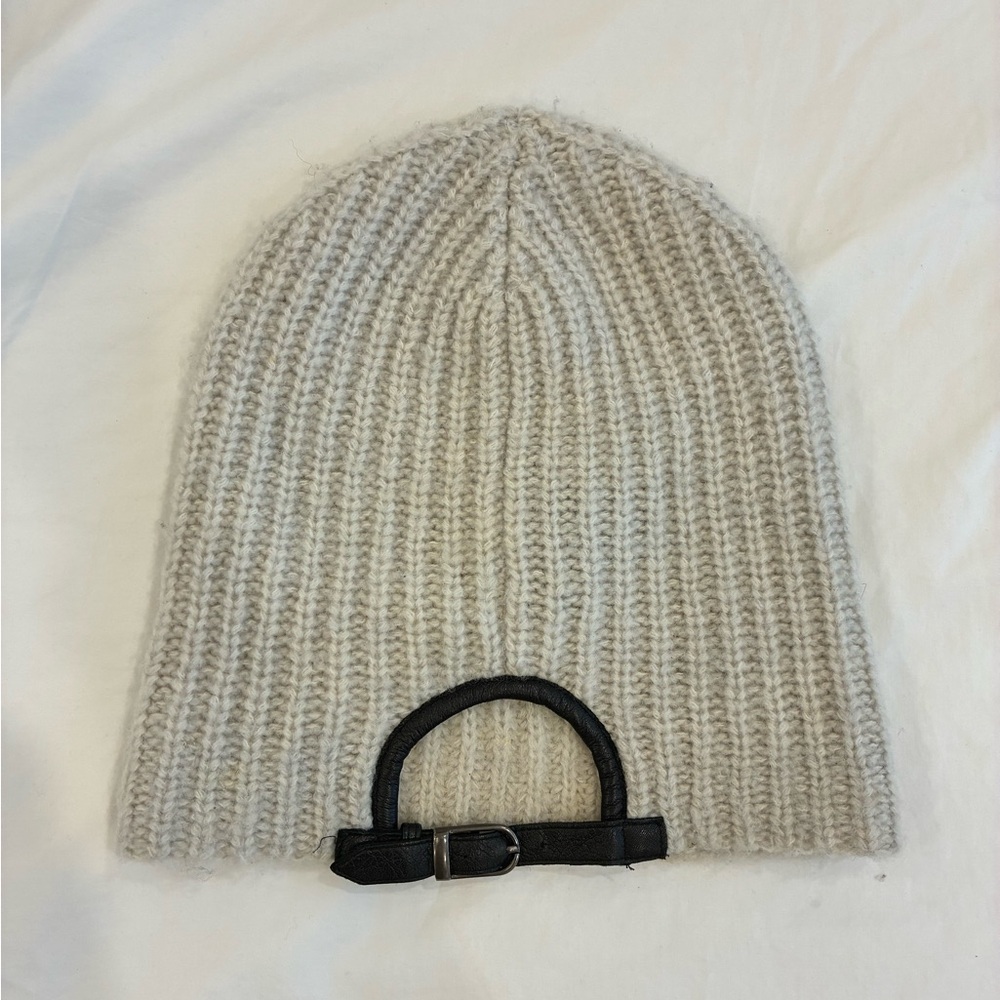 Club Monaco light grey Ribbed Knit Hat with Black leather Strap Accent